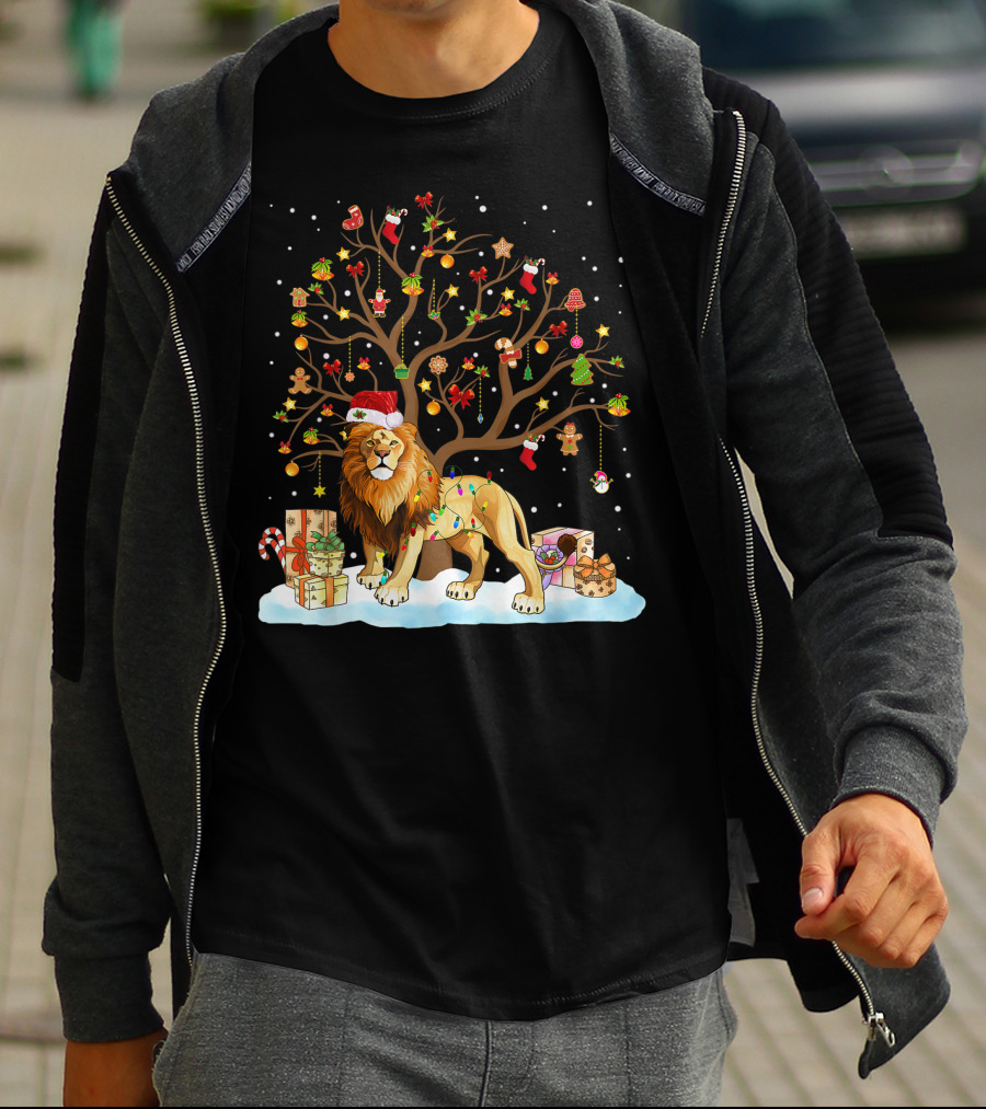 Lion With Christmas Tree Ornaments And Gifts T-Shirt