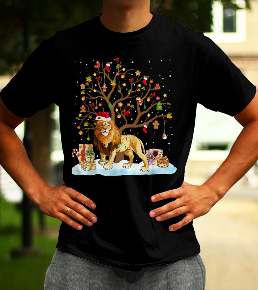 Lion With Christmas Tree Ornaments And Gifts T-Shirt