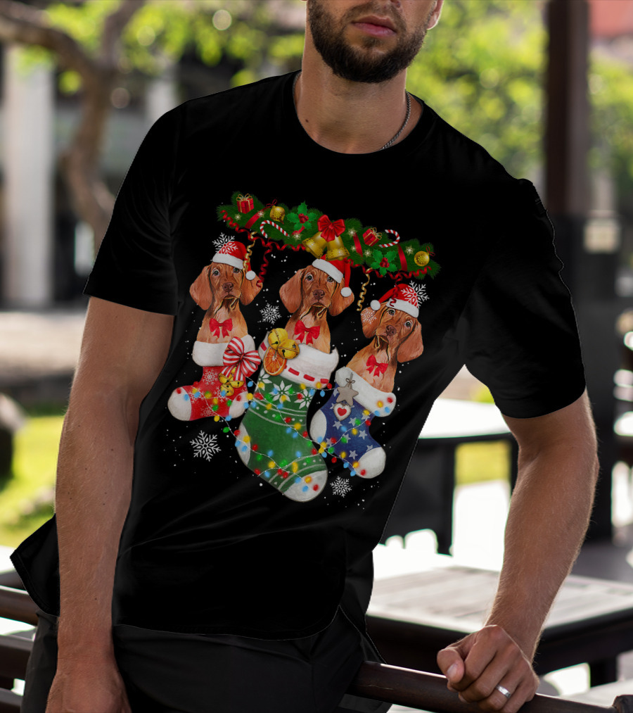Vizsla Dogs In Christmas Stockings With Santa Hats And Holiday Decorations T-Shirt