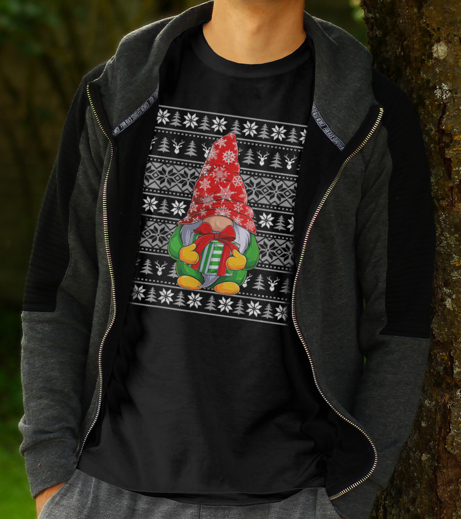 Ugly Christmas Sweater Gnome Holding Gifts With Snowflake Hat T-Shirt