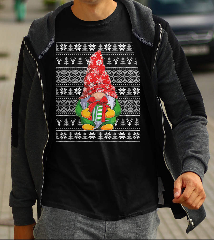 Ugly Christmas Sweater Gnome Holding Gifts With Snowflake Hat T-Shirt