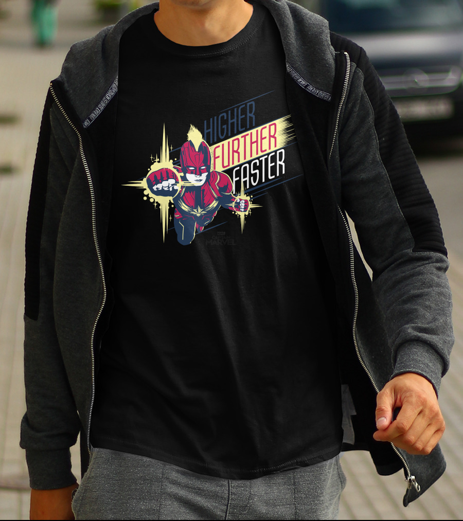 Captain Marvel Higher Further Faster Bold Heroic Charge T-Shirt