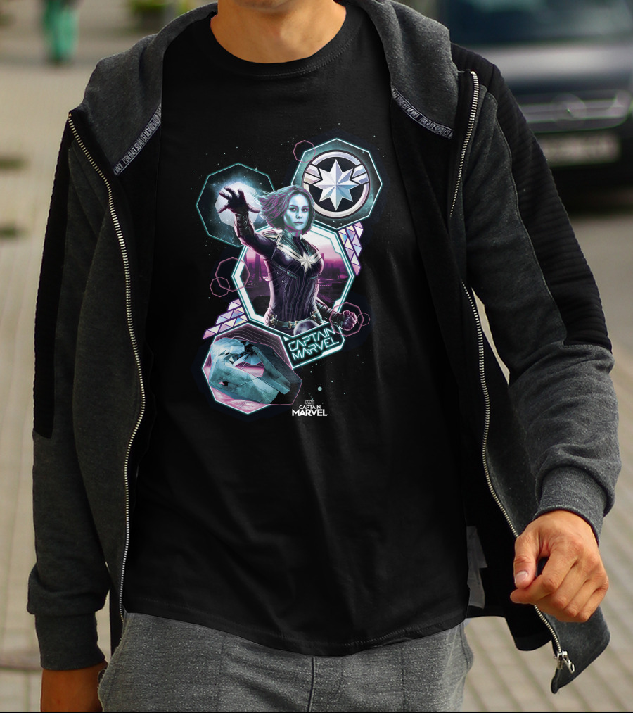 Captain Marvel Cosmic Starburst And Hexagonal Elements T-Shirt