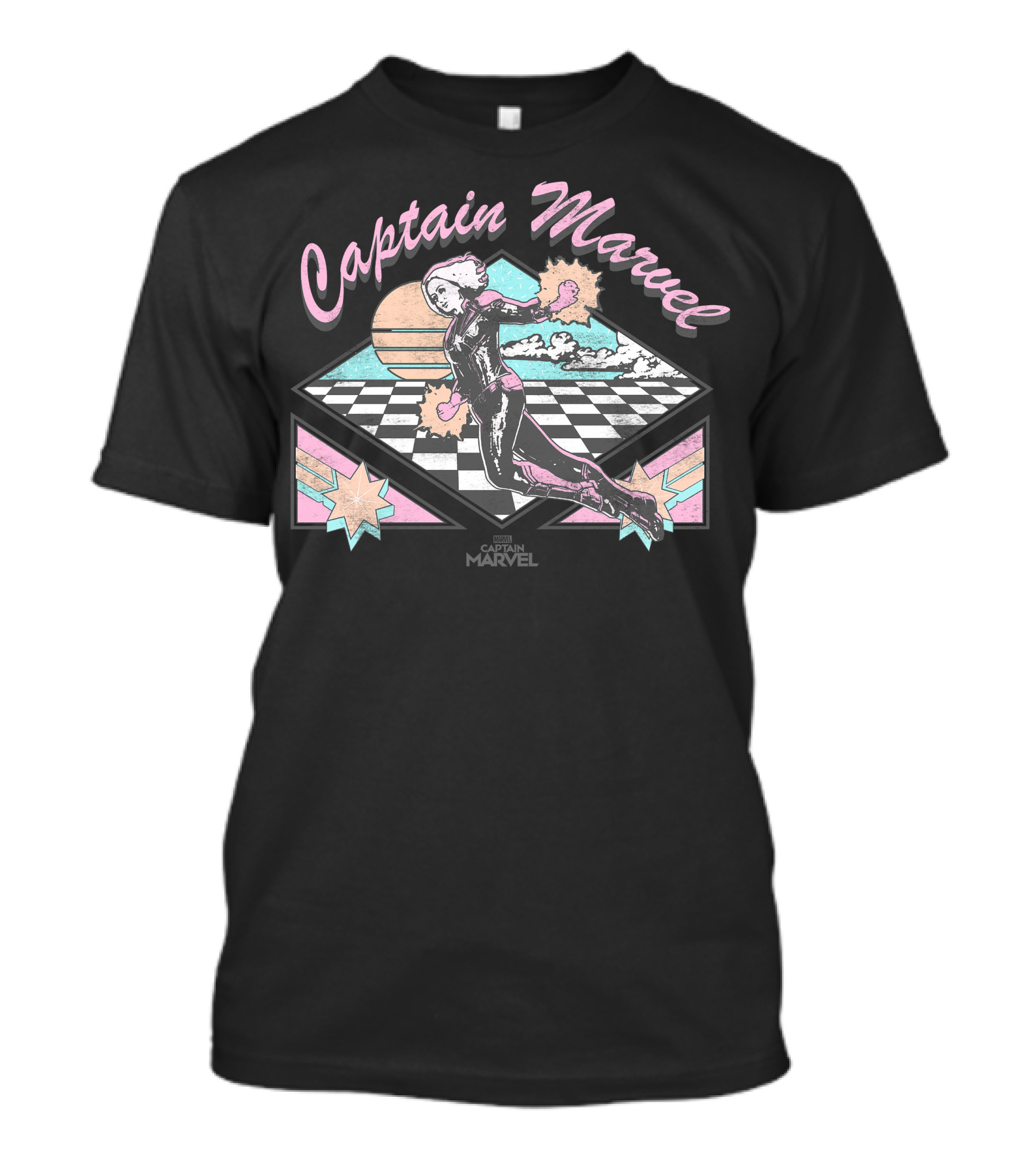 Captain Marvel Retro Checkered Pastel Sunset Superhero Flight T-Shirt