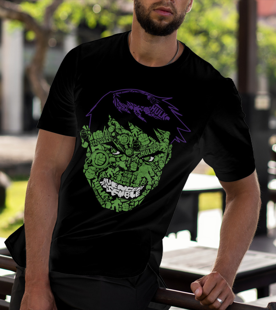 Avengers Assemble Hulk Rage Face With Smash Symbol And Purple Hair Elements T-Shirt