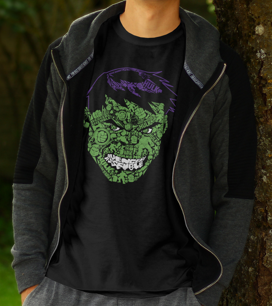 Avengers Assemble Hulk Rage Face With Smash Symbol And Purple Hair Elements T-Shirt