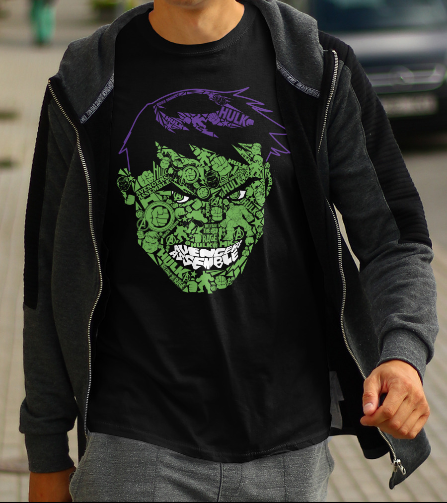 Avengers Assemble Hulk Rage Face With Smash Symbol And Purple Hair Elements T-Shirt