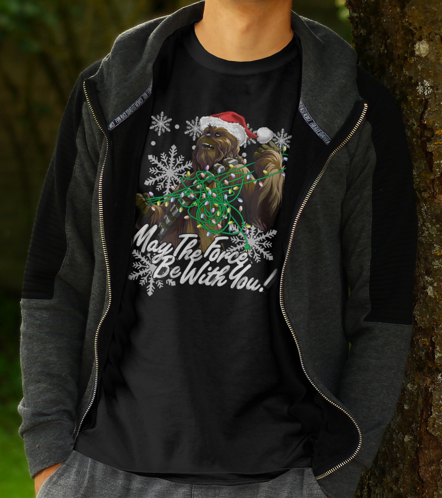 May The Force Be With You Chewbacca Santa Hat Tangled Lights Snowflakes T-Shirt