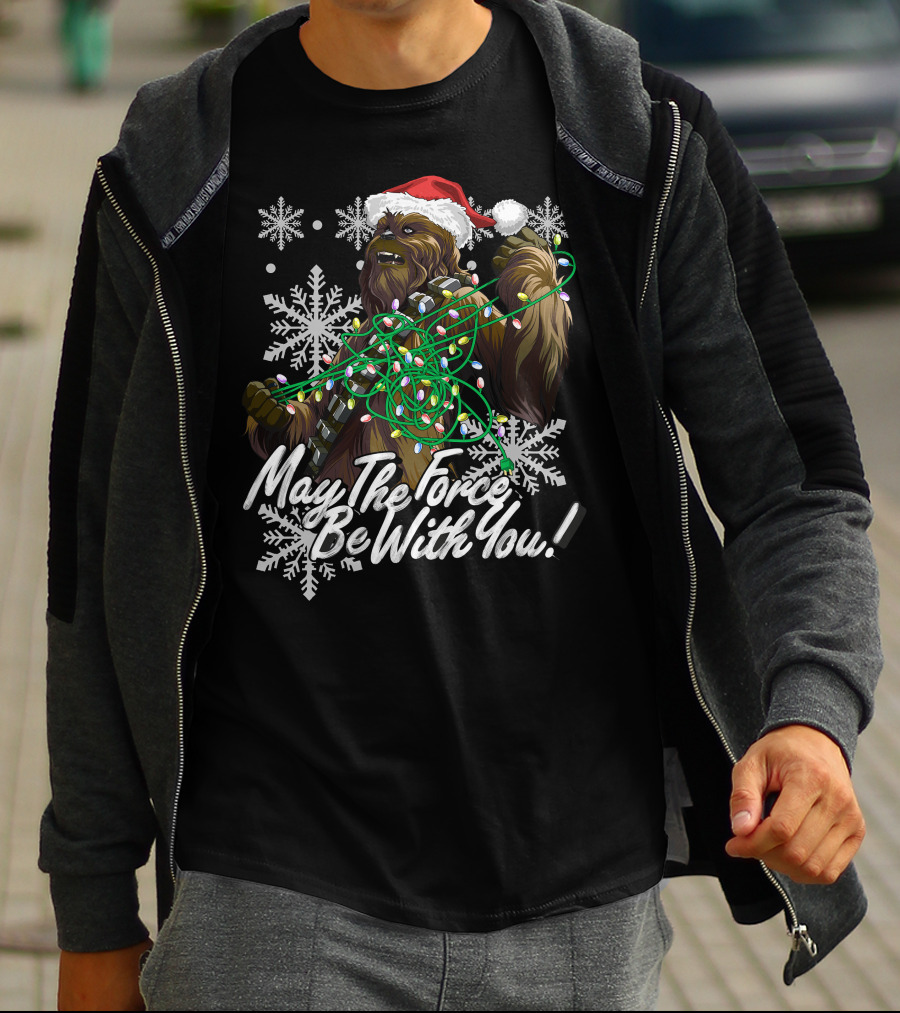May The Force Be With You Chewbacca Santa Hat Tangled Lights Snowflakes T-Shirt