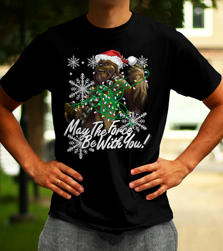 May The Force Be With You Chewbacca Santa Hat Tangled Lights Snowflakes T-Shirt