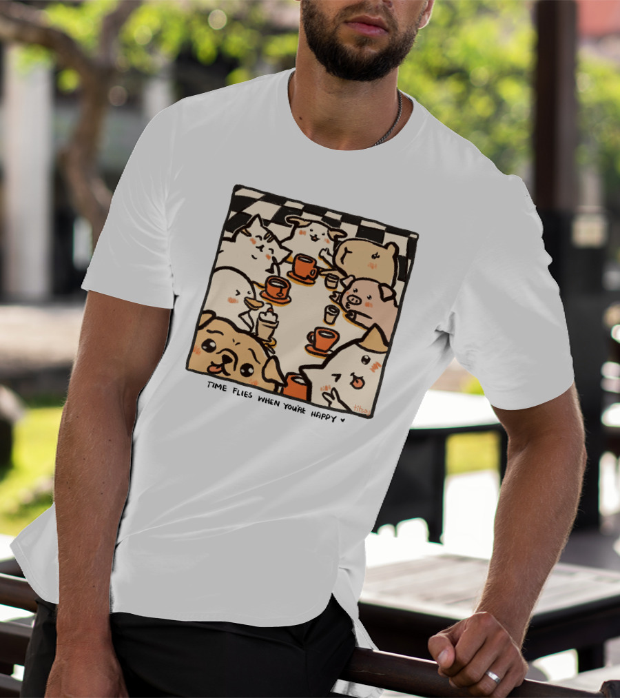 Time Flies When You're Happy With Cute Animals At Coffee Table T-Shirt