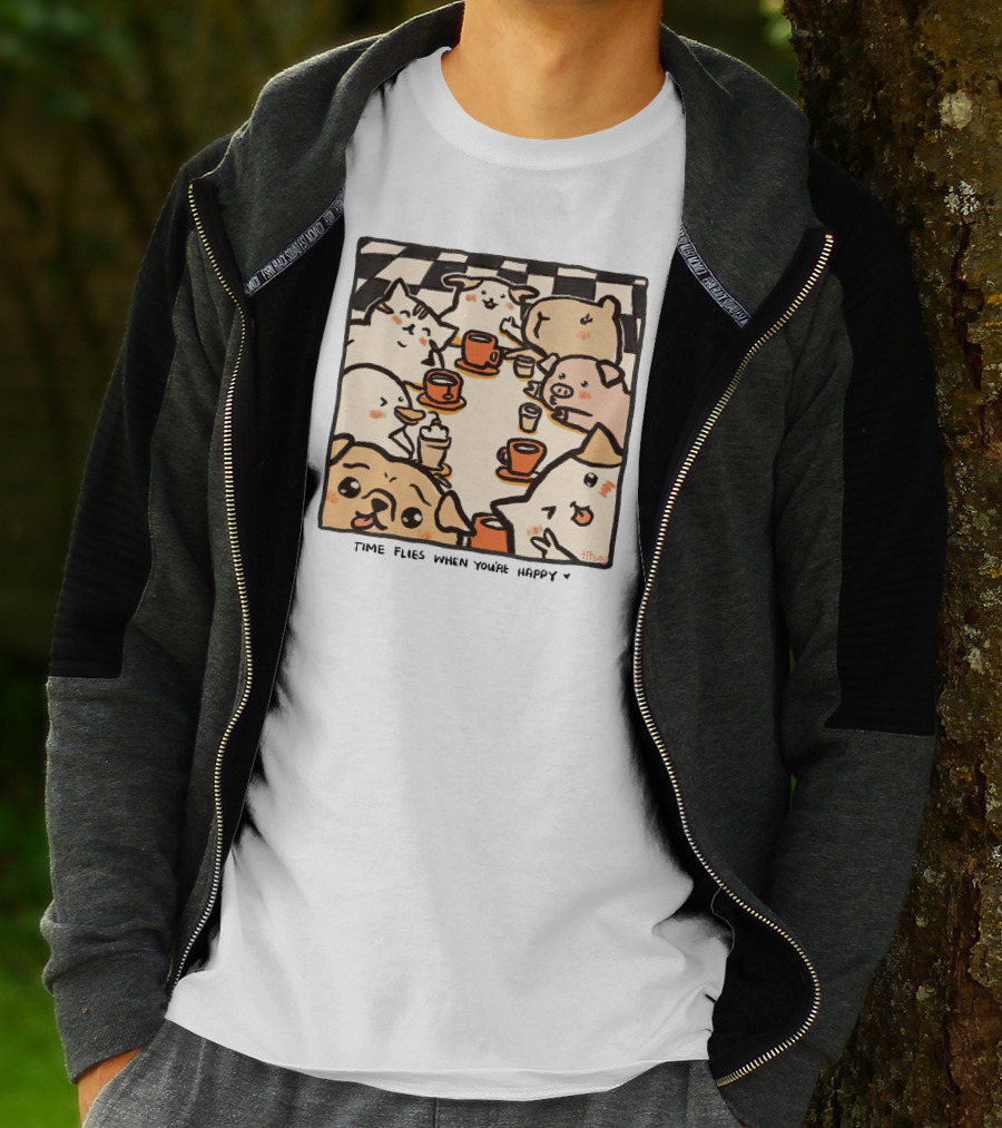 Time Flies When You're Happy With Cute Animals At Coffee Table T-Shirt