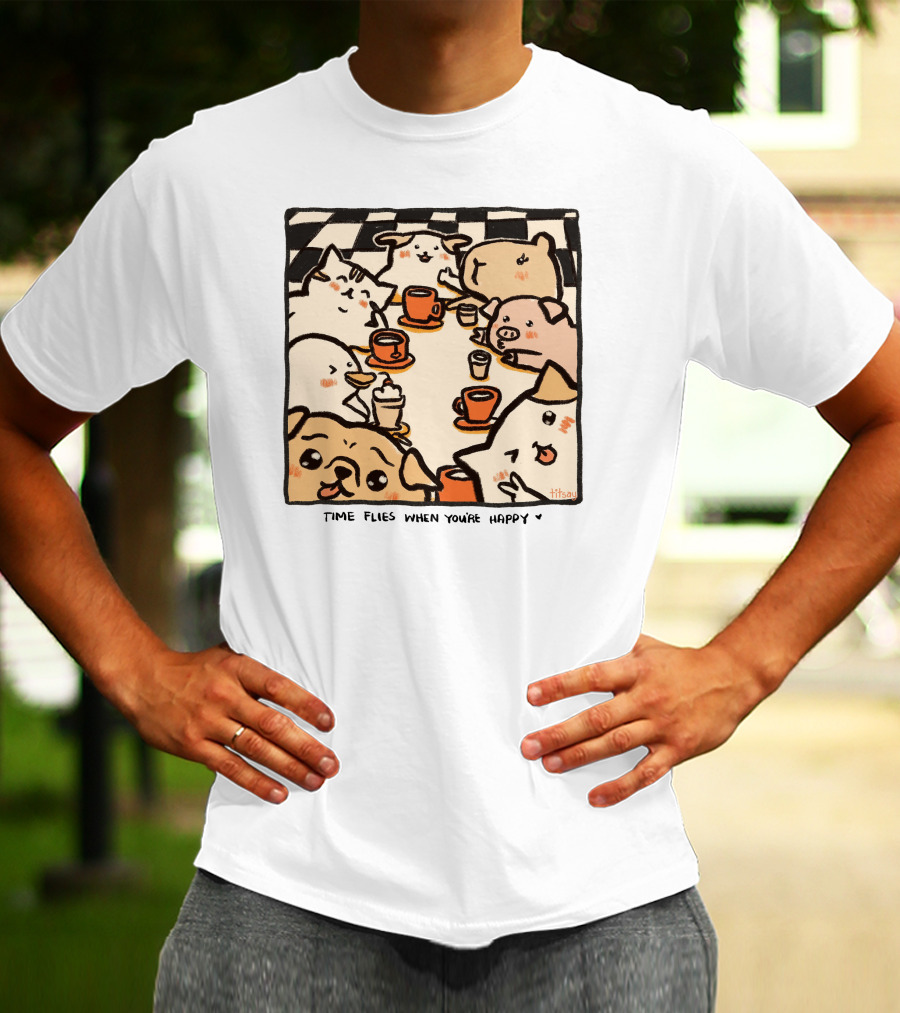 Time Flies When You're Happy With Cute Animals At Coffee Table T-Shirt