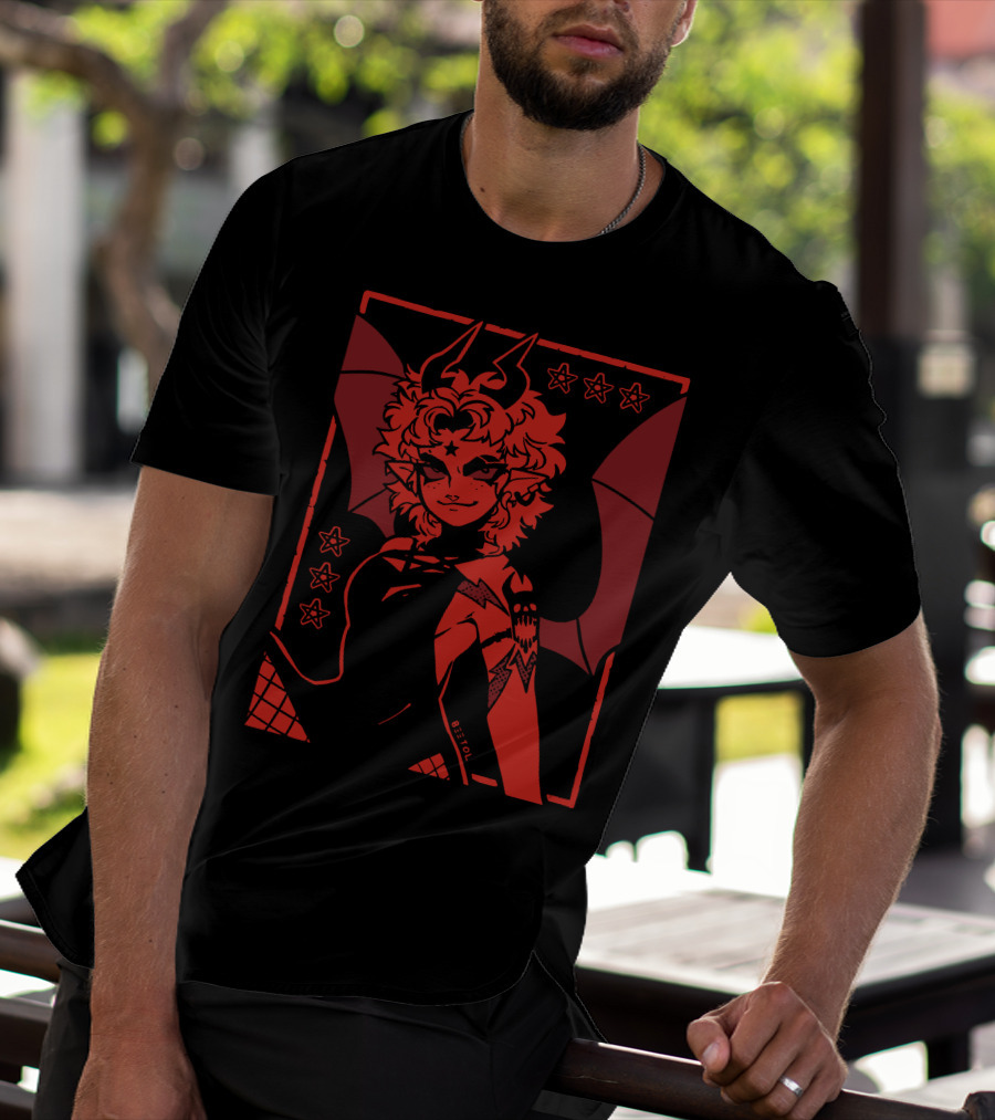 He's Satanic Red Devil Horned Figure With Bat Wings And Stars By Bitol T-Shirt