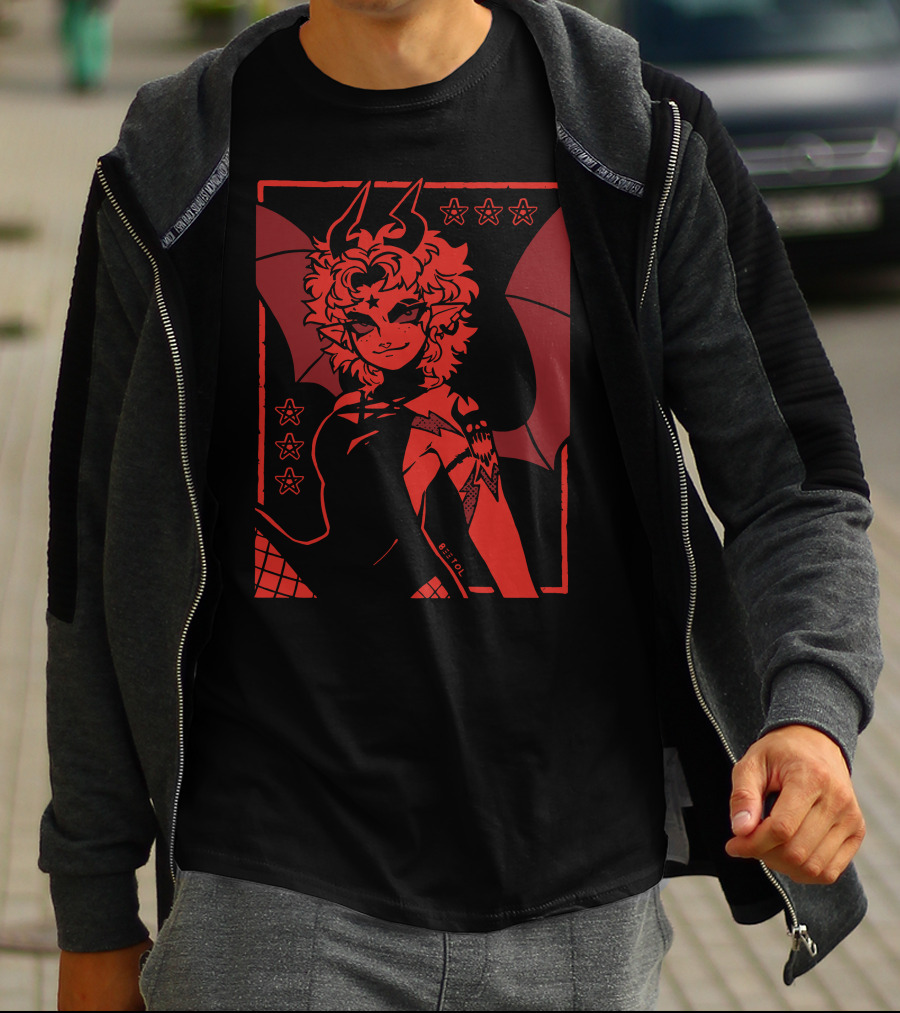 He's Satanic Red Devil Horned Figure With Bat Wings And Stars By Bitol T-Shirt