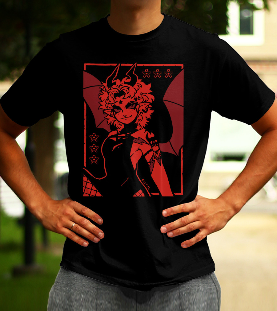 He's Satanic Red Devil Horned Figure With Bat Wings And Stars By Bitol T-Shirt
