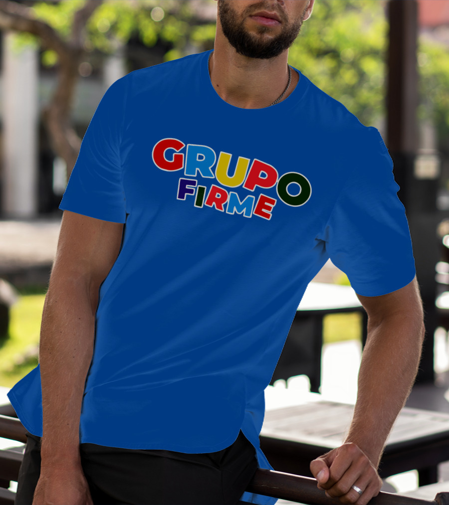 GRUPO FIRME Merch Bold Colorful Text On Blue T-Shirt