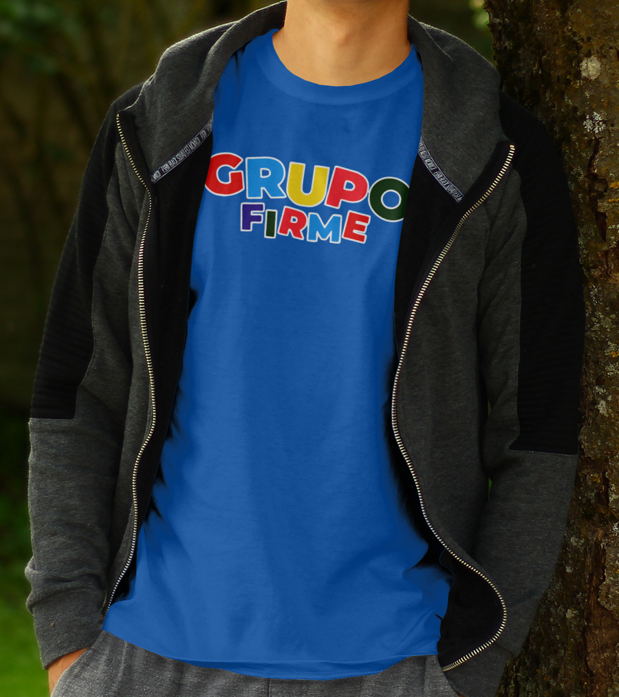 GRUPO FIRME Merch Bold Colorful Text On Blue T-Shirt