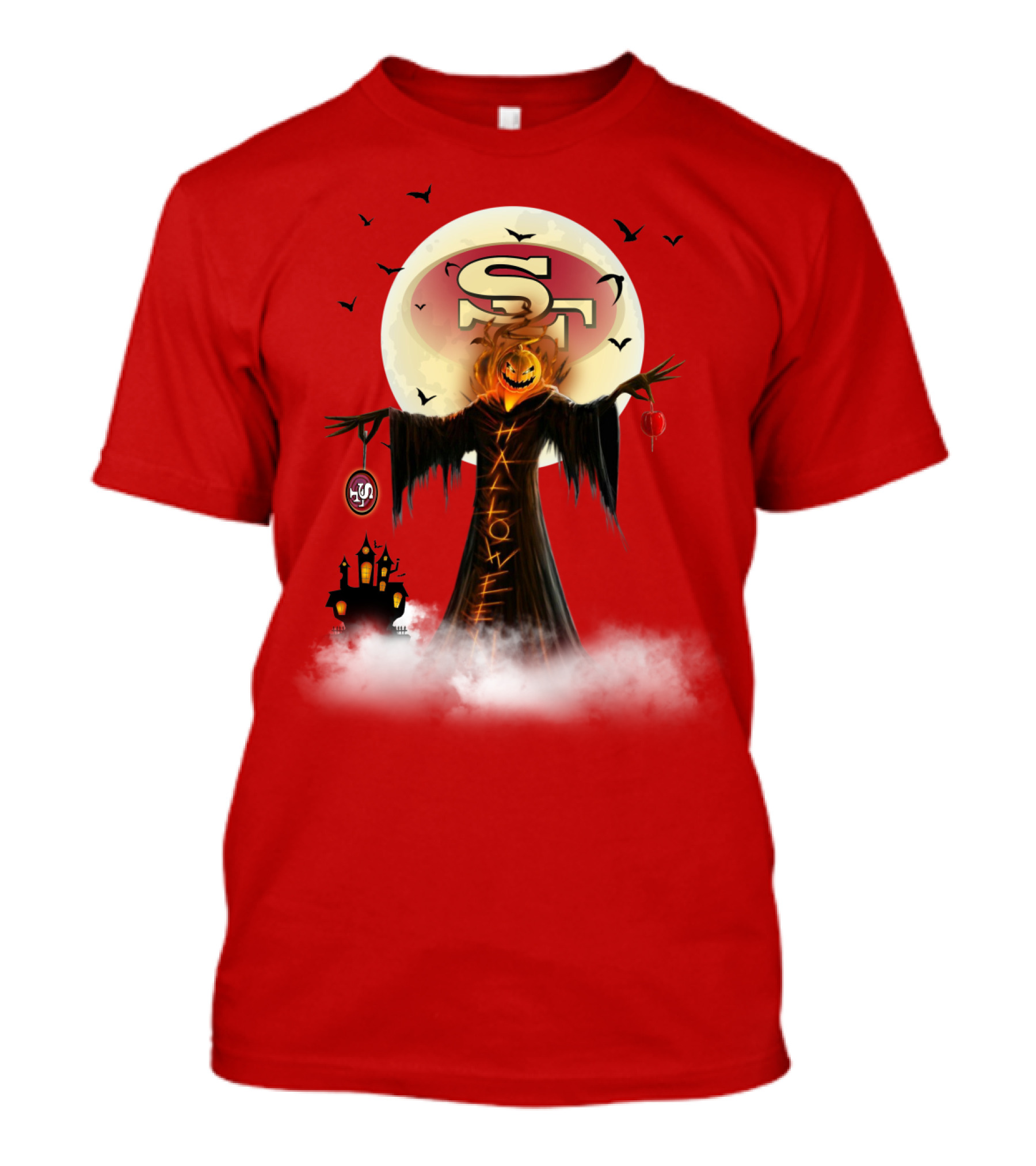 Halloween Scarecrow With Sf Logo And Haunted Castle T-Shirt