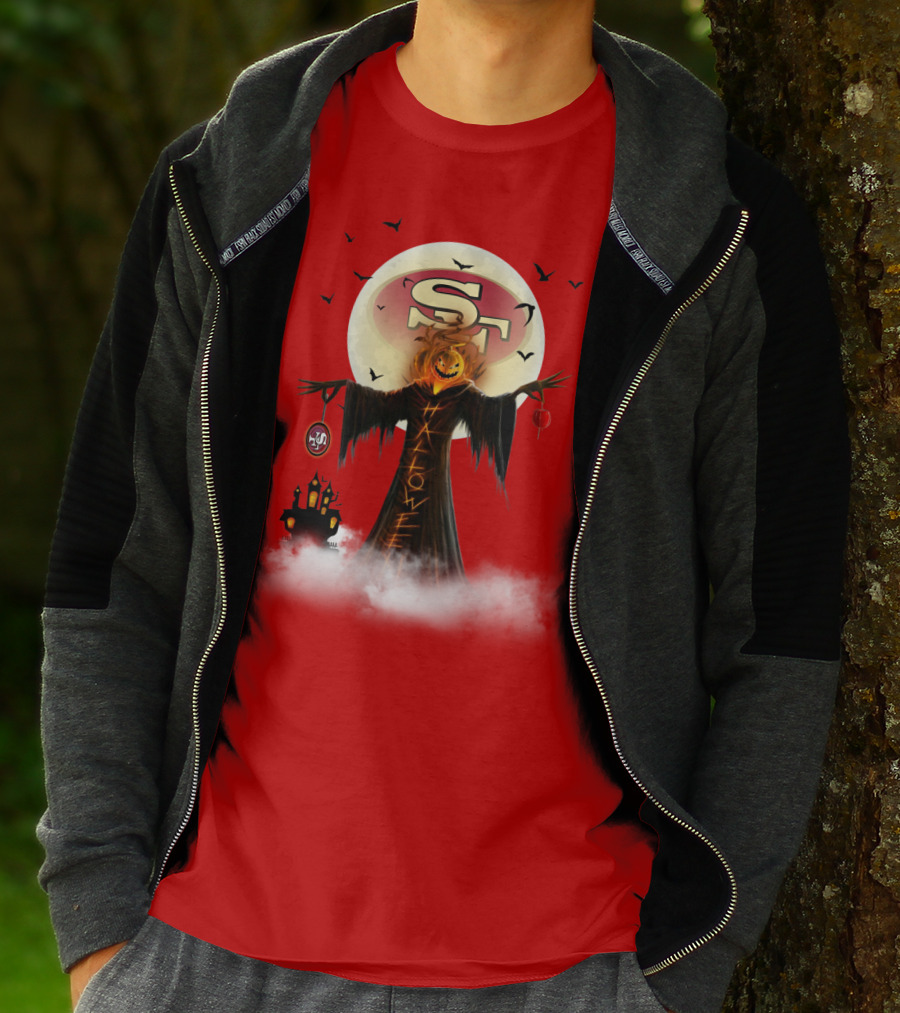 Halloween Scarecrow With Sf Logo And Haunted Castle T-Shirt