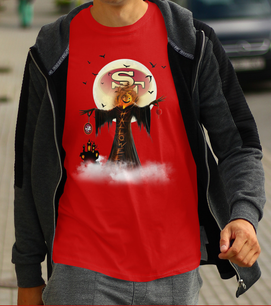 Halloween Scarecrow With Sf Logo And Haunted Castle T-Shirt