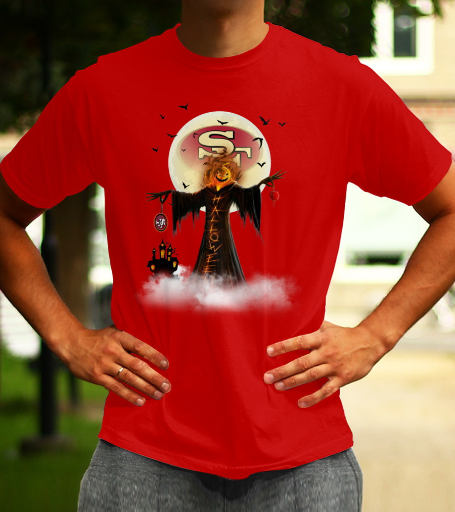 Halloween Scarecrow With Sf Logo And Haunted Castle T-Shirt