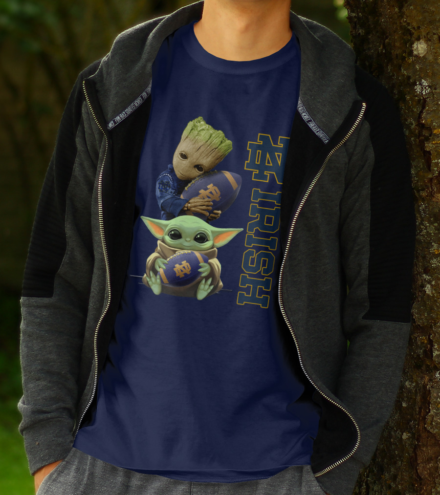 Notre Dame Irish Baby Groot And Baby Yoda Football T-Shirt