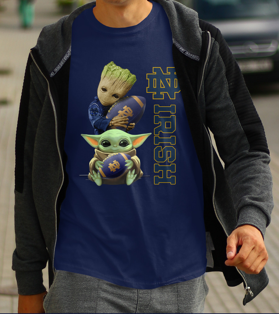 Notre Dame Irish Baby Groot And Baby Yoda Football T-Shirt