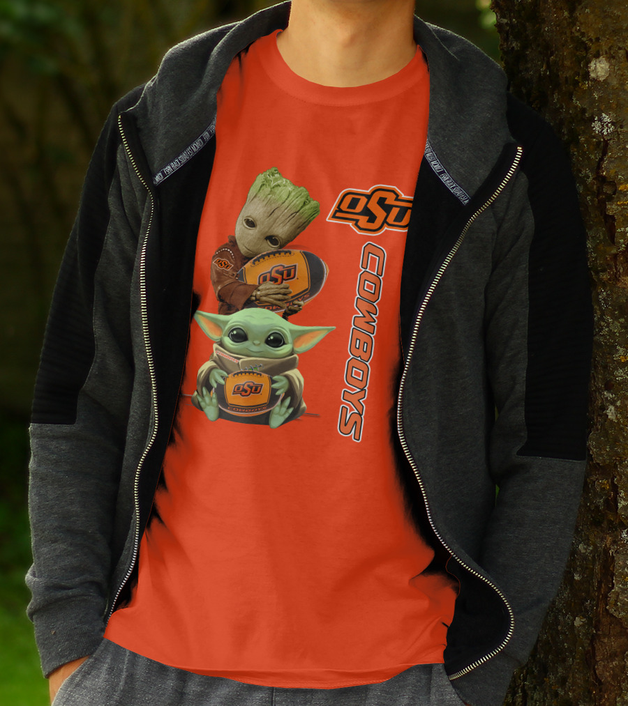 Osu Cowboys Groot And Baby Yoda Hugging Football T-Shirt