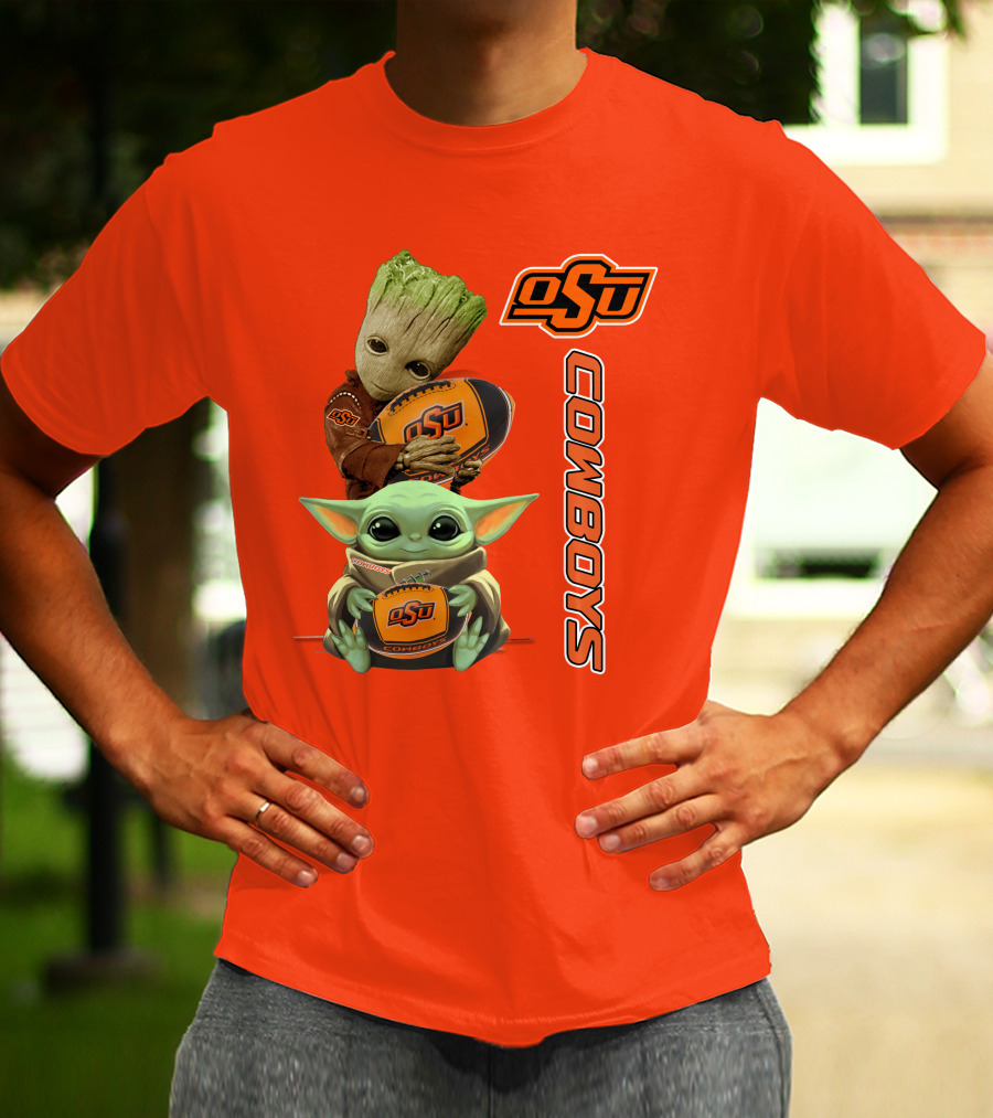 Osu Cowboys Groot And Baby Yoda Hugging Football T-Shirt