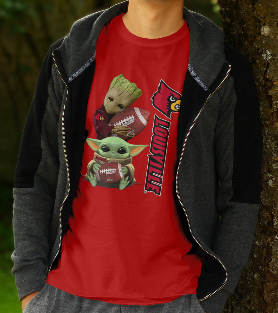 Groot Baby Yoda Holding Football Louisville Cardinals T-Shirt