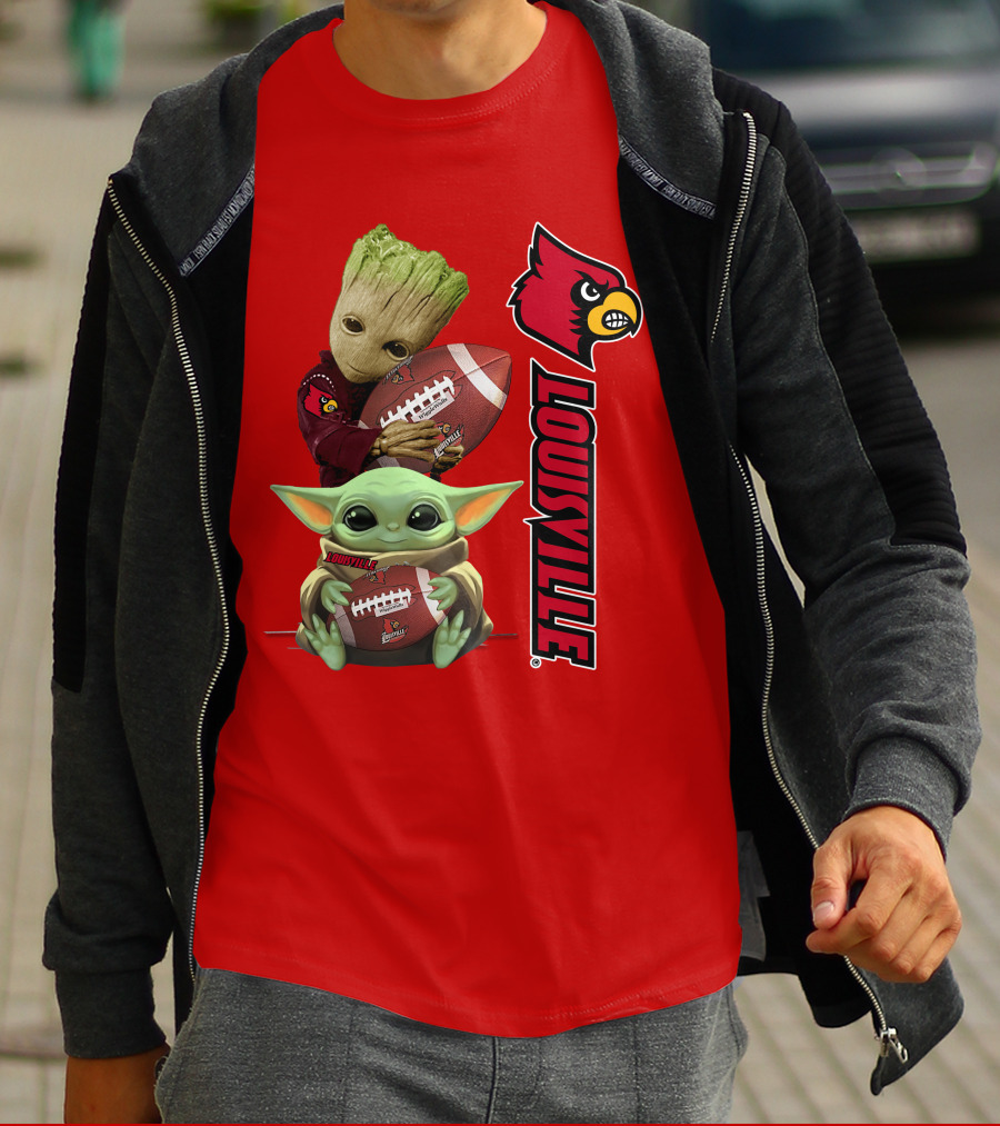 Groot Baby Yoda Holding Football Louisville Cardinals T-Shirt