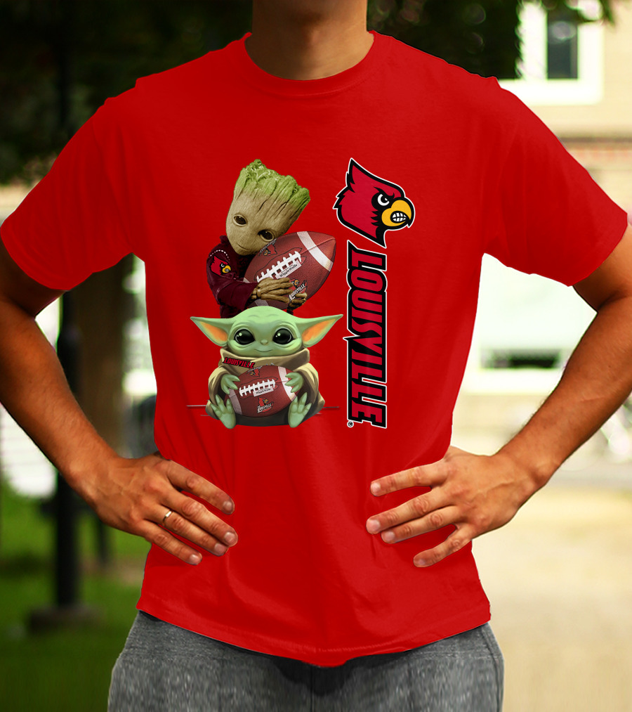 Groot Baby Yoda Holding Football Louisville Cardinals T-Shirt