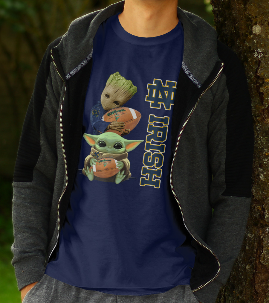 Notre Dame Irish Groot And Baby Yoda Holding Wilson Football T-Shirt