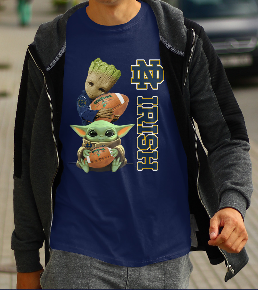 Notre Dame Irish Groot And Baby Yoda Holding Wilson Football T-Shirt