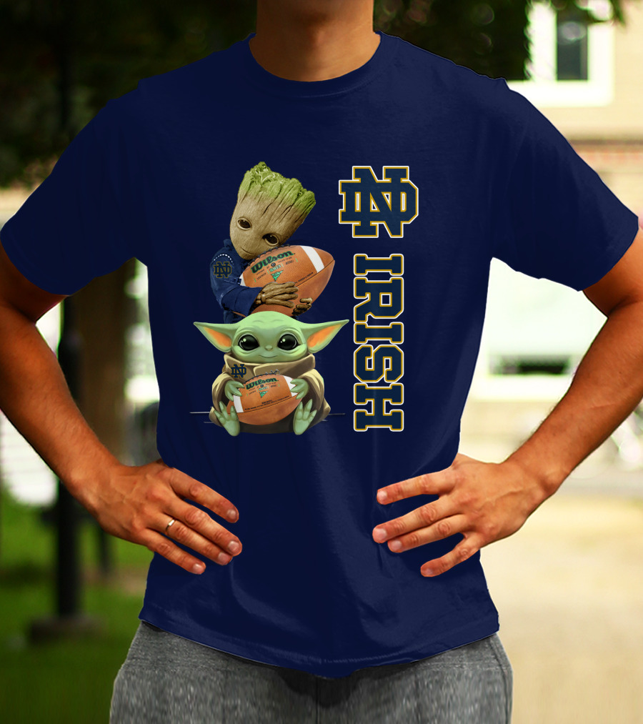 Notre Dame Irish Groot And Baby Yoda Holding Wilson Football T-Shirt