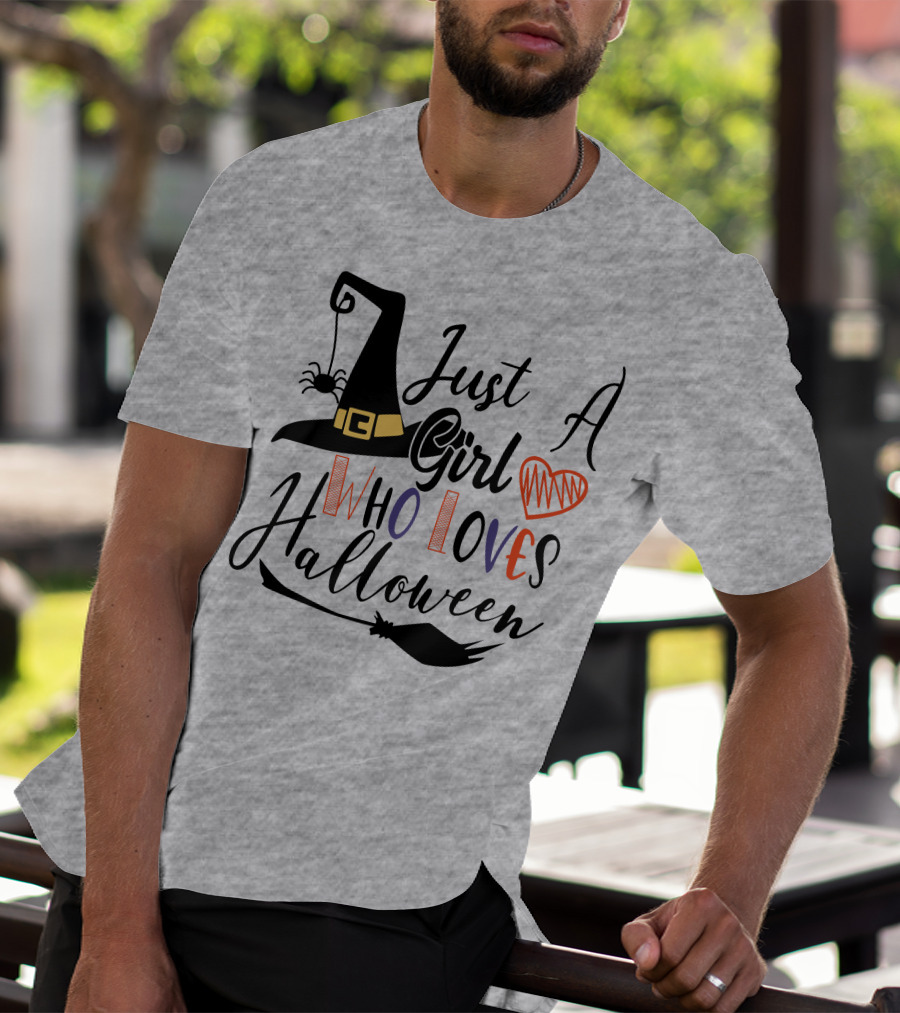 Just A Girl Who Loves Halloween Witch Hat And Broom With Spider And Heart T-Shirt