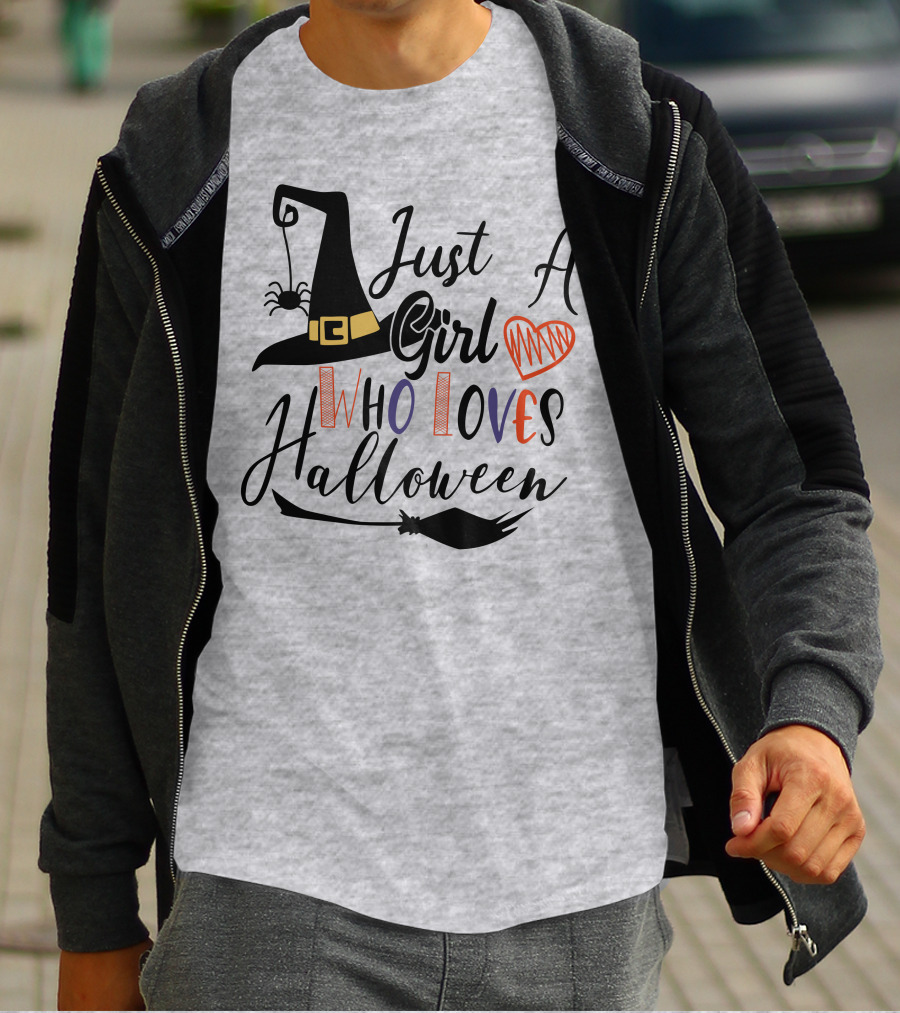 Just A Girl Who Loves Halloween Witch Hat And Broom With Spider And Heart T-Shirt