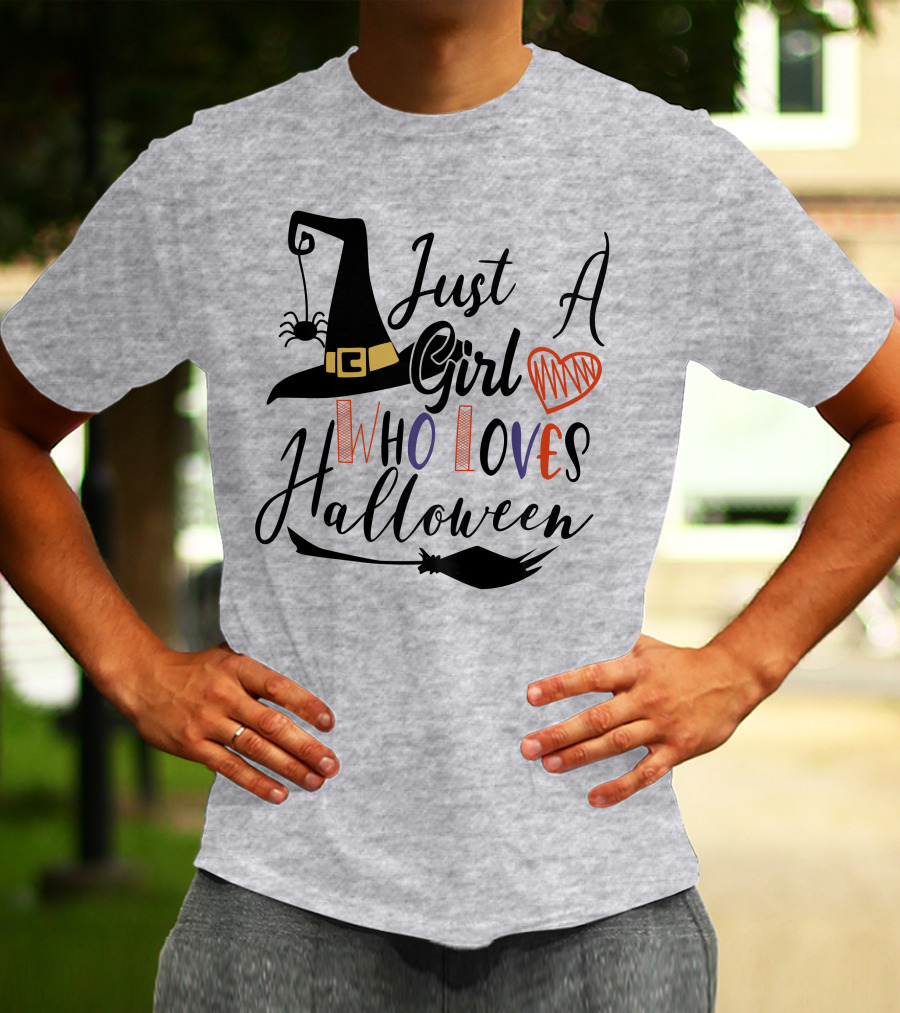Just A Girl Who Loves Halloween Witch Hat And Broom With Spider And Heart T-Shirt