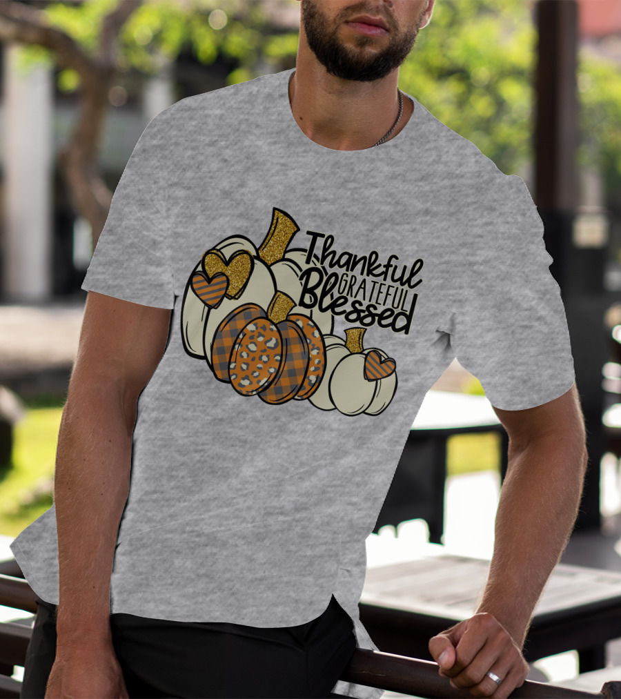 Thankful Grateful Blessed Leopard Pumpkin Thanksgiving T-Shirt