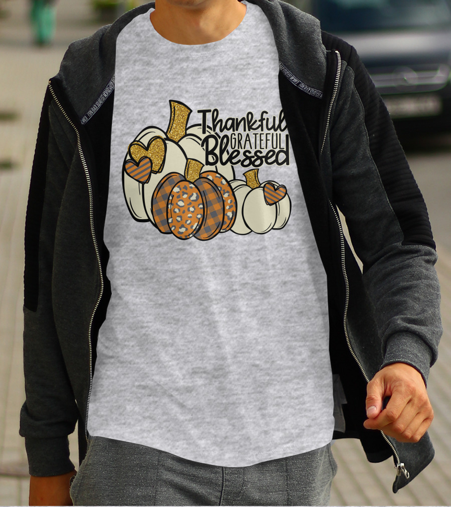 Thankful Grateful Blessed Leopard Pumpkin Thanksgiving T-Shirt