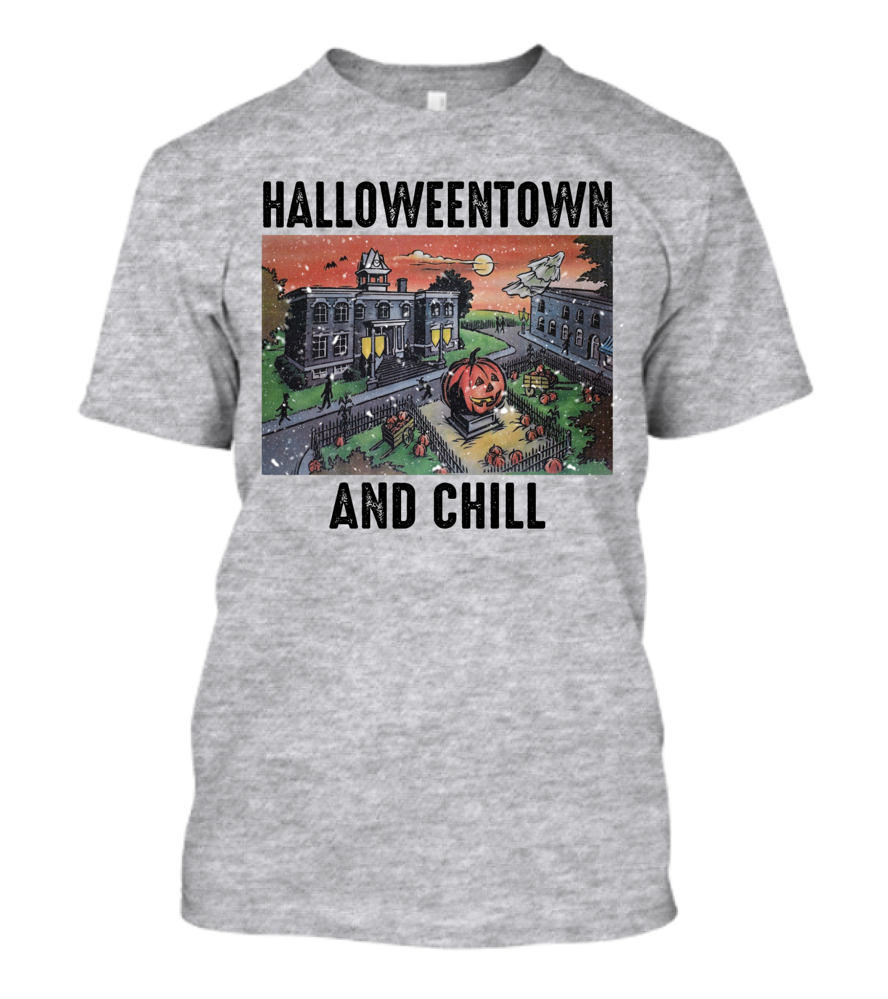 Halloweentown And Chill Spooky Town Scene With Lit Pumpkin Statue T-Shirt