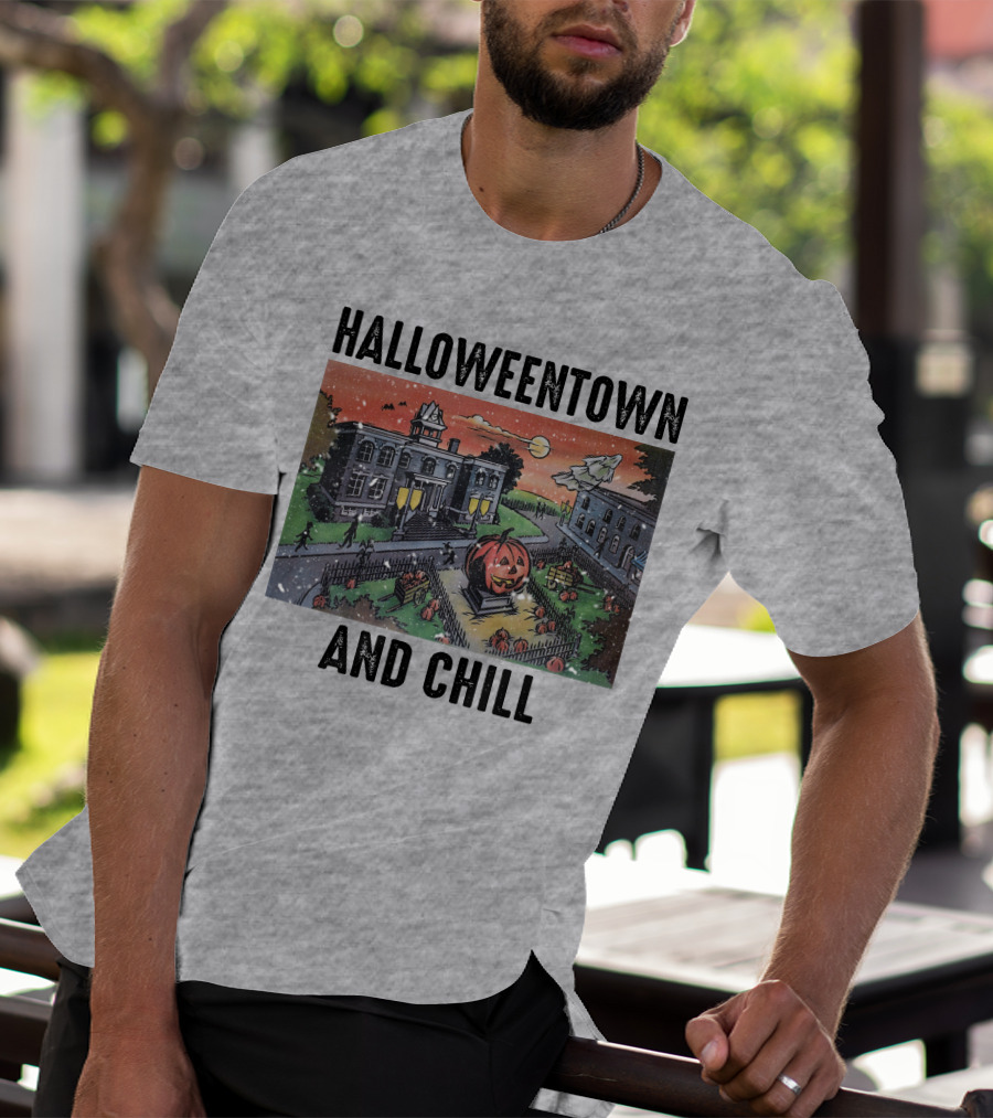 Halloweentown And Chill Spooky Town Scene With Lit Pumpkin Statue T-Shirt