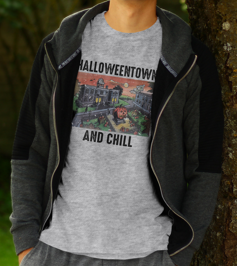 Halloweentown And Chill Spooky Town Scene With Lit Pumpkin Statue T-Shirt