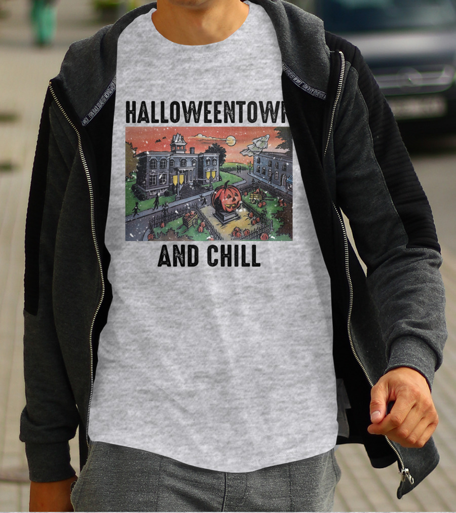 Halloweentown And Chill Spooky Town Scene With Lit Pumpkin Statue T-Shirt