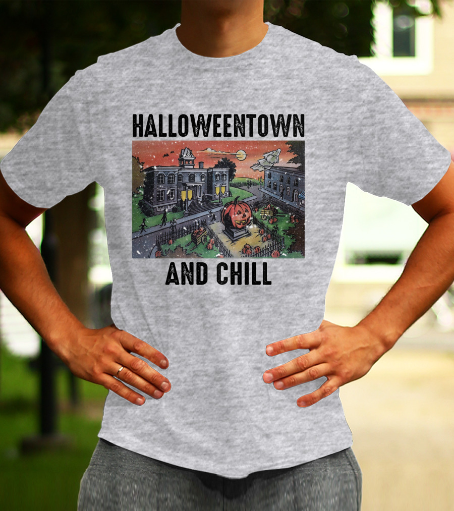Halloweentown And Chill Spooky Town Scene With Lit Pumpkin Statue T-Shirt