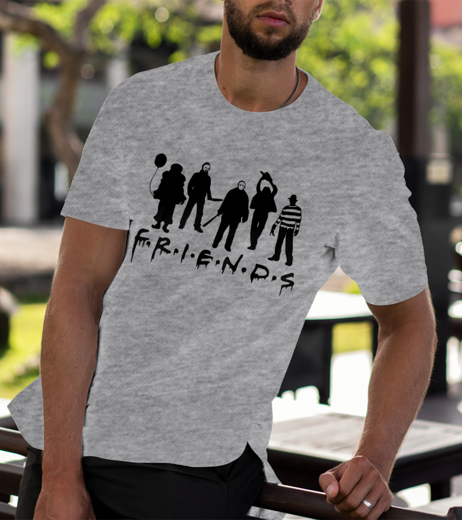 F.R.I.E.N.D.S Halloween Horror Movie Characters With Balloon And Stripes T-Shirt