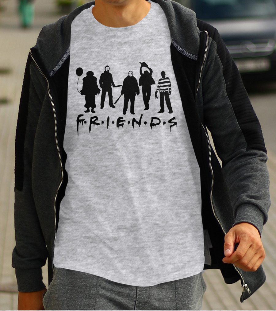 F.R.I.E.N.D.S Halloween Horror Movie Characters With Balloon And Stripes T-Shirt