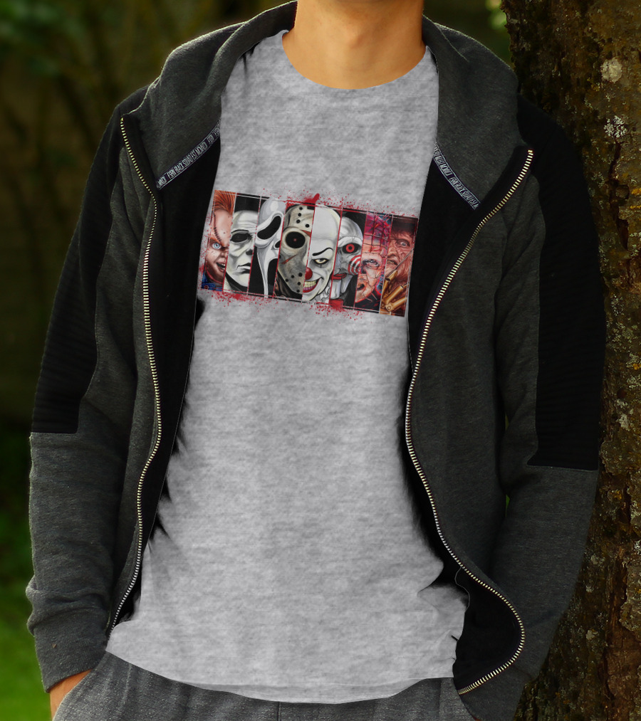 Chucky Ghostface Jason Voorhees Pennywise Jigsaw Pinhead Freddy Krueger Horror Movie Characters T-Shirt