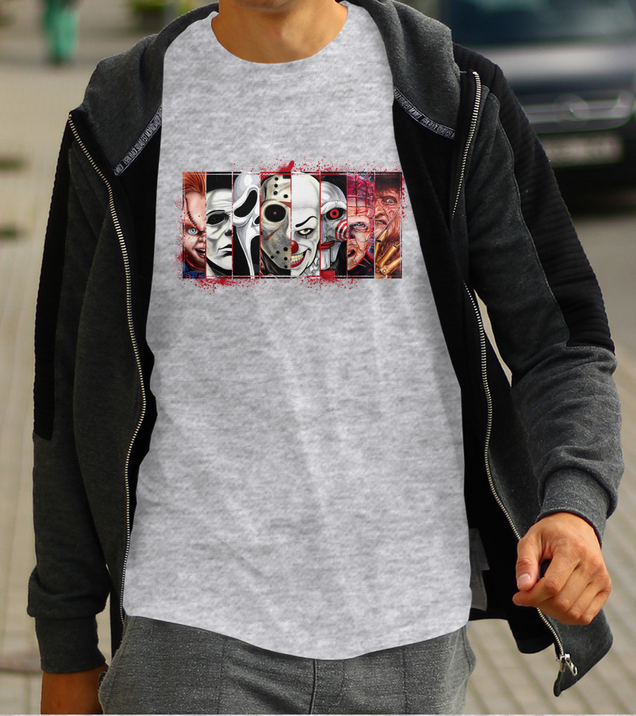 Chucky Ghostface Jason Voorhees Pennywise Jigsaw Pinhead Freddy Krueger Horror Movie Characters T-Shirt